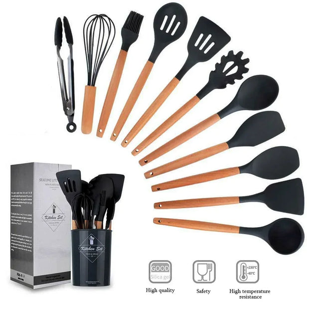 Silicone Kitchen Utensil Set with Wooden Handles - Apna Bazaar Lahore