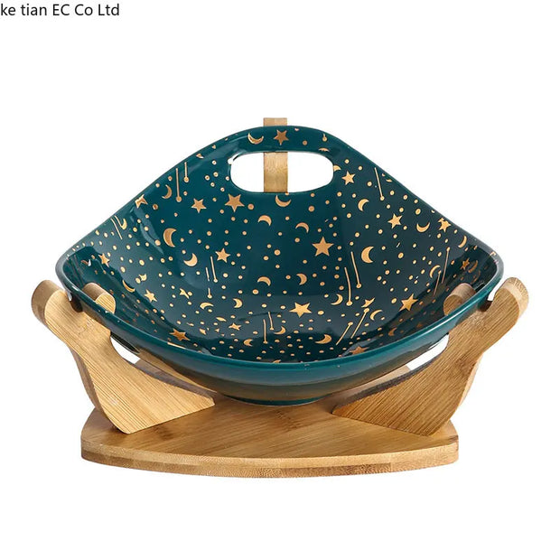 Ceramic Fruit Bowl with Bamboo Stand - Nordic Art, Minimalist Living - Apna Bazaar Lahore