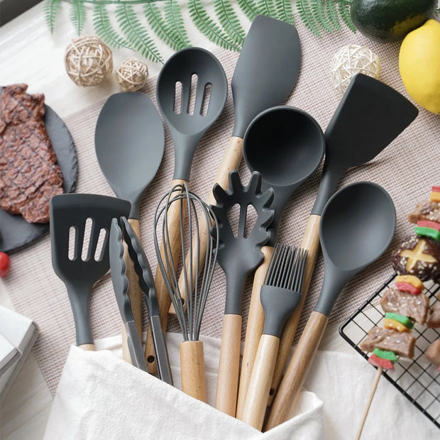 Silicone Kitchen Utensil Set with Wooden Handles - Apna Bazaar Lahore