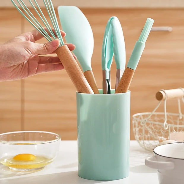 Silicone Cooking Utensils with Wooden Handles - Apna Bazaar Lahore