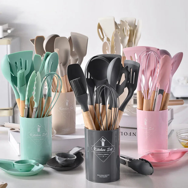 Silicone Kitchen Utensil Set with Wooden Handles - Apna Bazaar Lahore