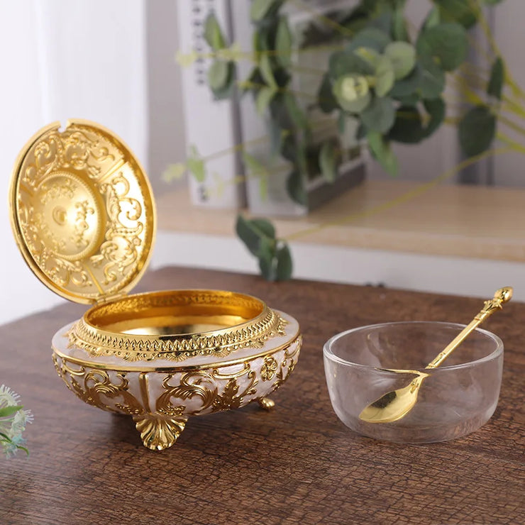 Nordic Gold-Plated Metal Seasoning Jar with Flower Carving - Apna Bazaar Lahore