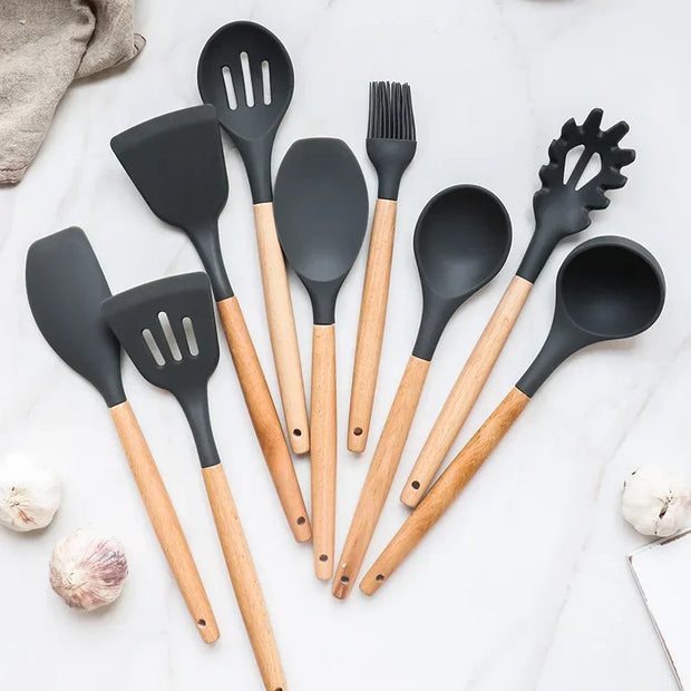 Silicone Kitchen Utensil Set with Wooden Handles - Apna Bazaar Lahore