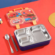 Children's lunch box set with compartments, spoon, and chopsticks on a red background