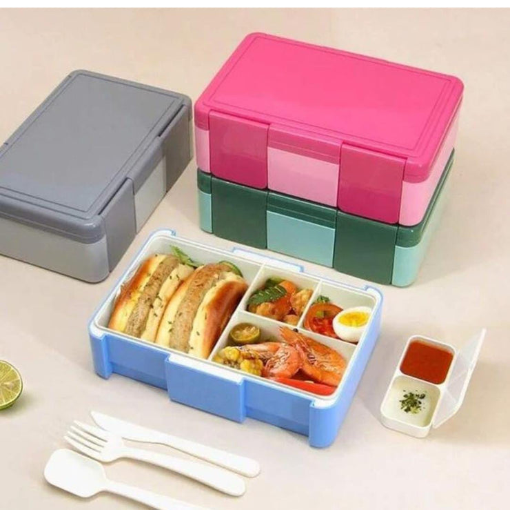 Bento Lunch Box with Double Sauce Container, Cutlery Set