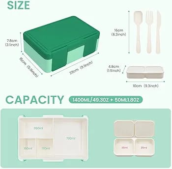 Bento Lunch Box with Double Sauce Container, Cutlery Set