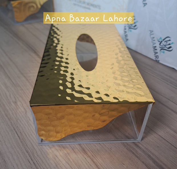 Elegant Golden Tissue Box – Acrylic Base with Decorative Gold Top