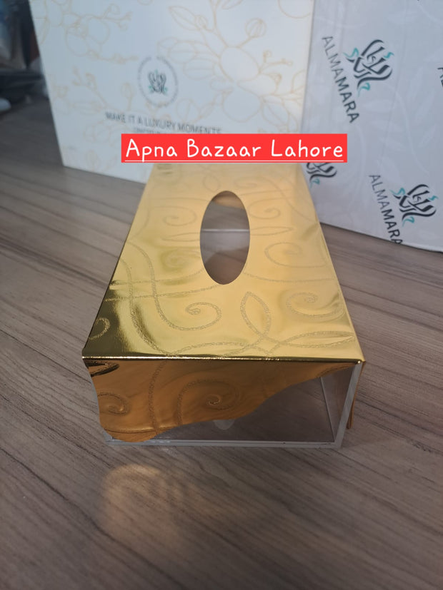 Elegant Golden Tissue Box – Acrylic Base with Decorative Gold Top