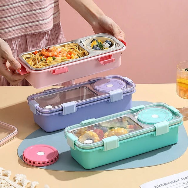 2-Compartment Stainless Steel Lunch Box with Sauce Bowl