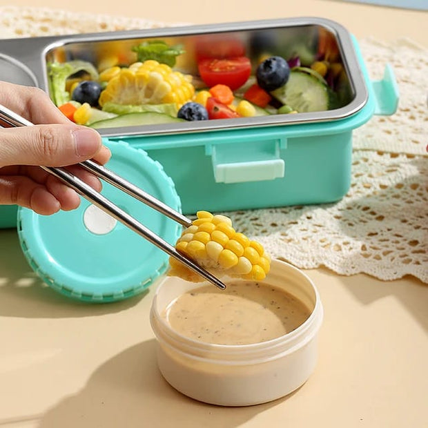 2-Compartment Stainless Steel Lunch Box with Sauce Bowl