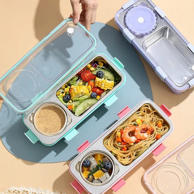 2-Compartment Stainless Steel Lunch Box with Sauce Bowl