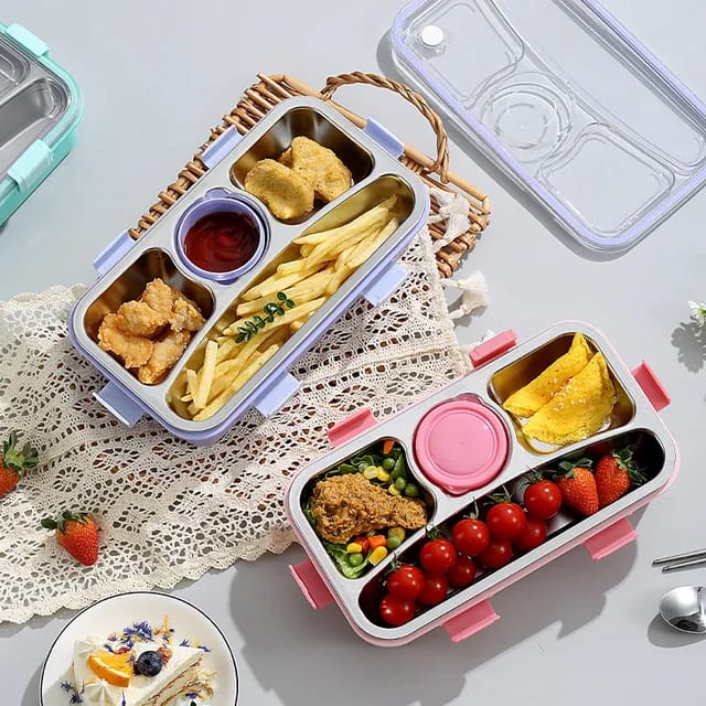 3-Compartment Stainless Steel Lunch Box with Sauce Bowl & Cutlery – Perfect for School & Office | Apna Bazaar Lahore