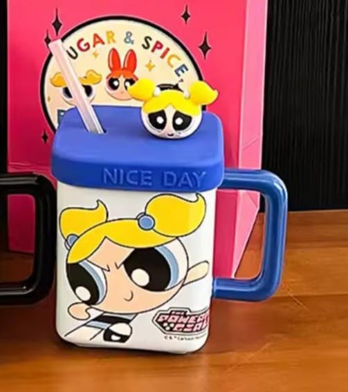 Ceramic Powerpuff Girls Mug with Lid & Straw