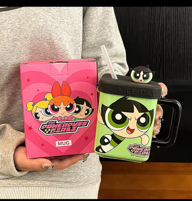 Ceramic Powerpuff Girls Mug with Lid & Straw