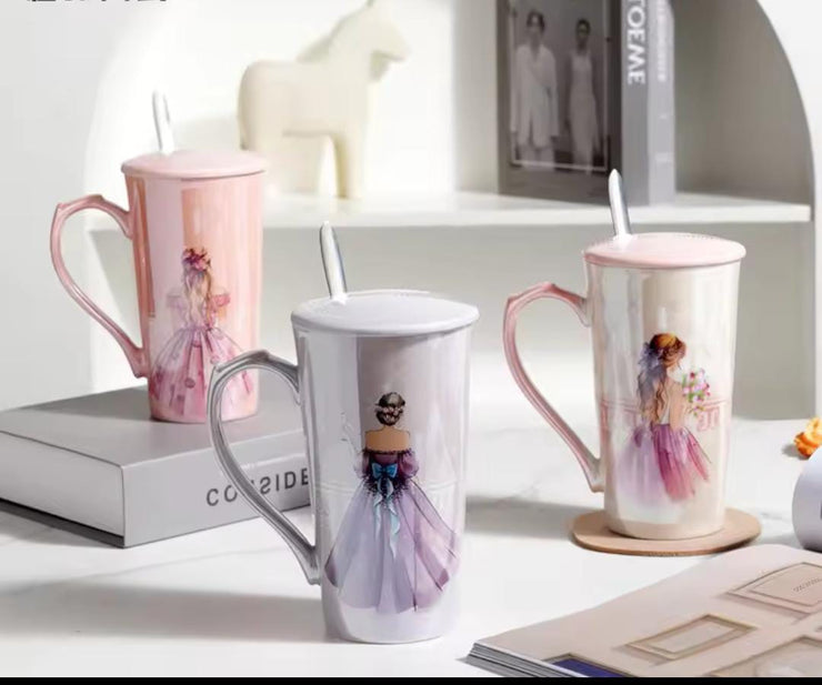 Elegant Princess-Themed Ceramic Mug with Lid & Spoon