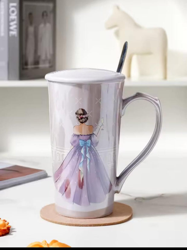 Elegant Princess-Themed Ceramic Mug with Lid & Spoon