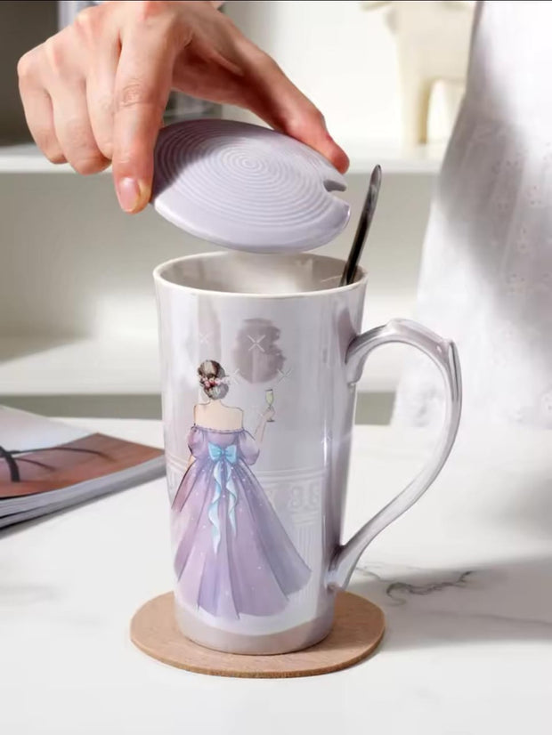 Elegant Princess-Themed Ceramic Mug with Lid & Spoon