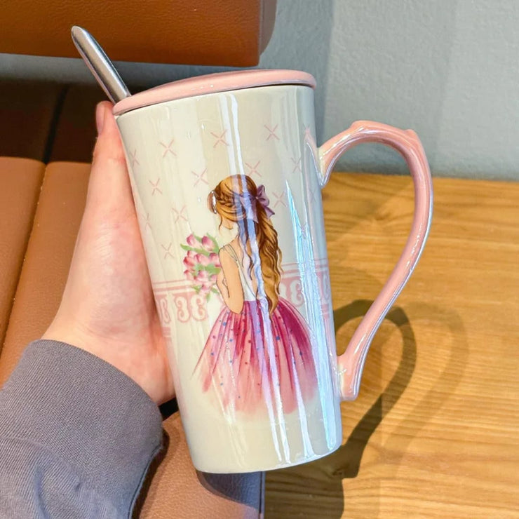 Elegant Princess-Themed Ceramic Mug with Lid & Spoon