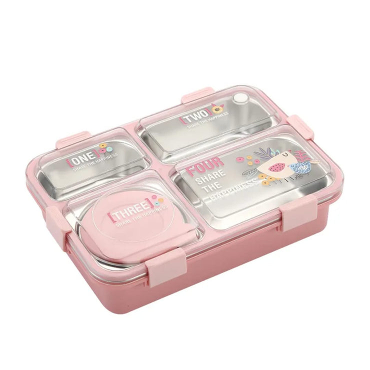 Pink bento box with compartments labeled 'ONE', 'TWO', and 'THREE' on a white background