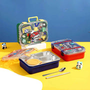 Colorful children's lunch box set with compartments and accessories on a yellow surface against a blue background.