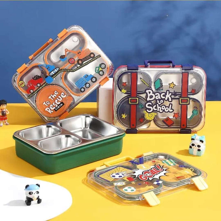 Collection of colorful lunch boxes and containers on a yellow and blue background