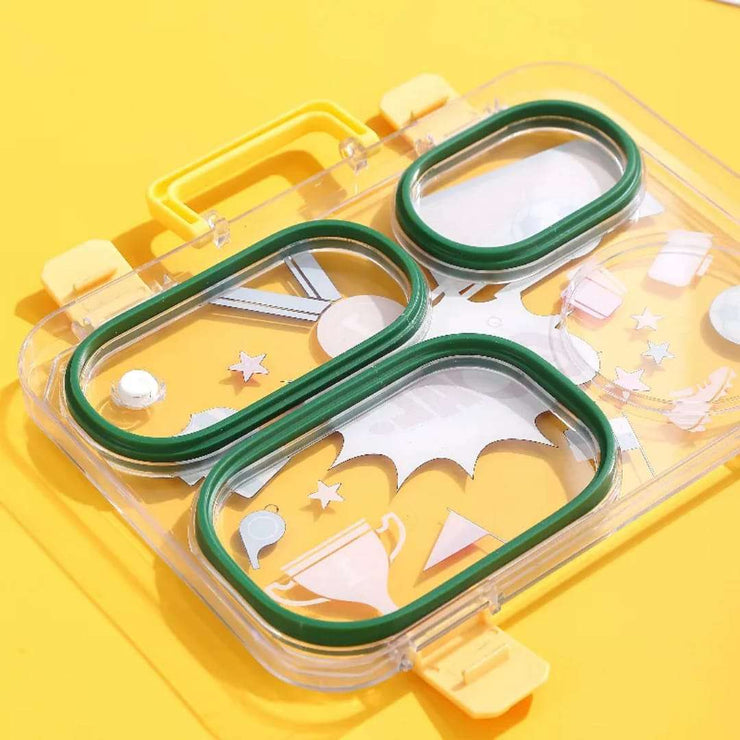 Clear plastic container with green sealing rings on a yellow background