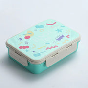 Turquoise lunch box with colorful patterns on a light gray background