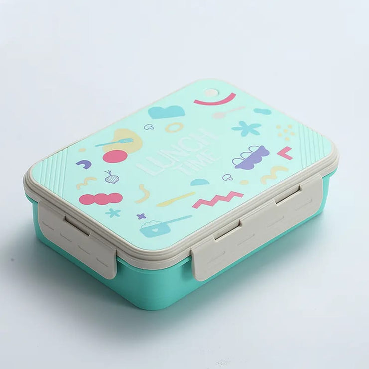 Turquoise lunch box with colorful patterns on a light gray background