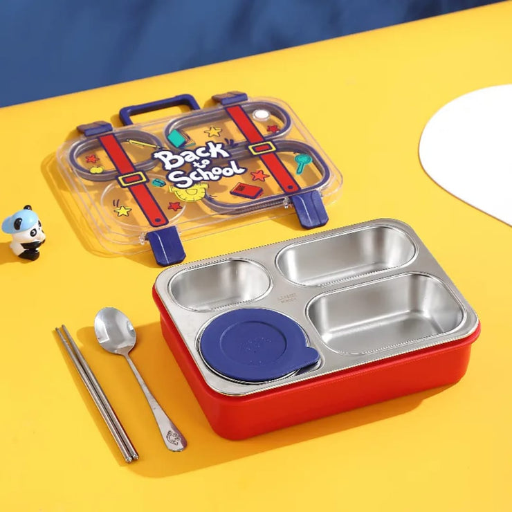 Back-to-school lunch set with red container, blue lid, spoon, and 'Back to School' sign on a yellow background.