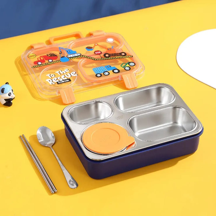 Children's lunchbox set with compartments, spoon, and chopsticks on a yellow background