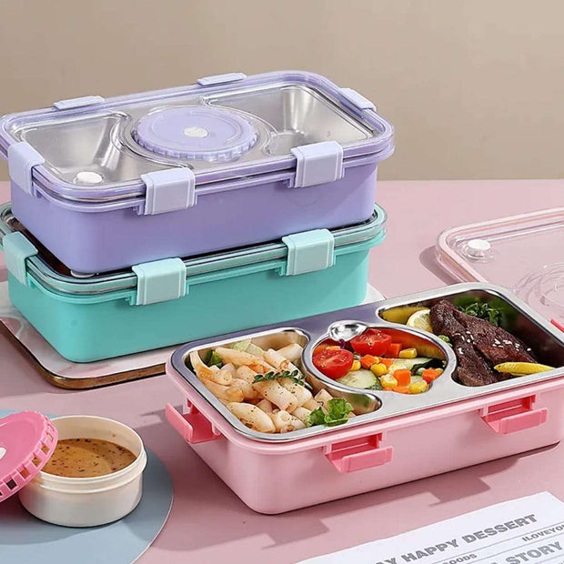 Stainless Steel 3-Compartment Leak-Proof Lunch Box with Food Container