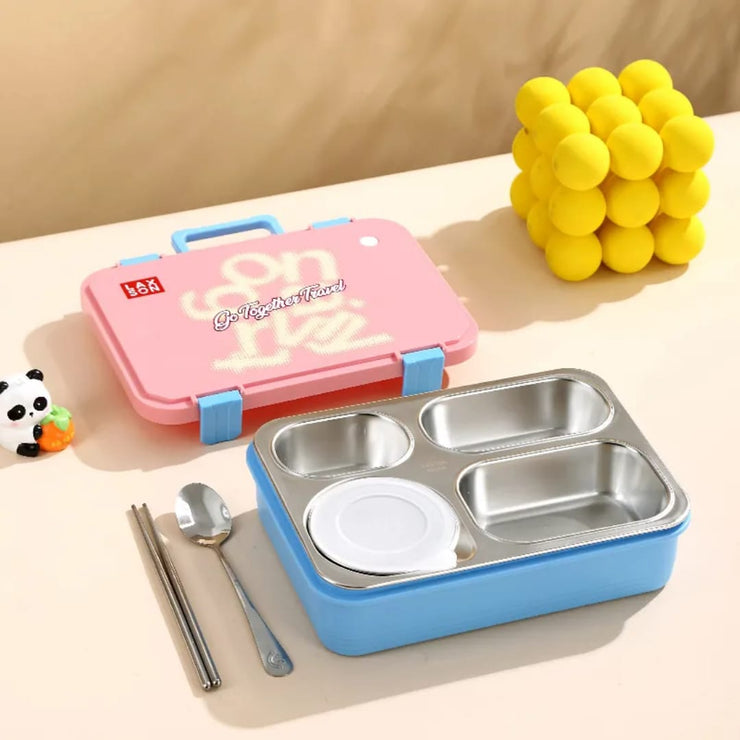 Pink lunch box with blue accents and a stainless steel bento box on a light surface.