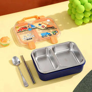 Children's lunch set with bento box, container, spoon, and chopsticks on a yellow surface.