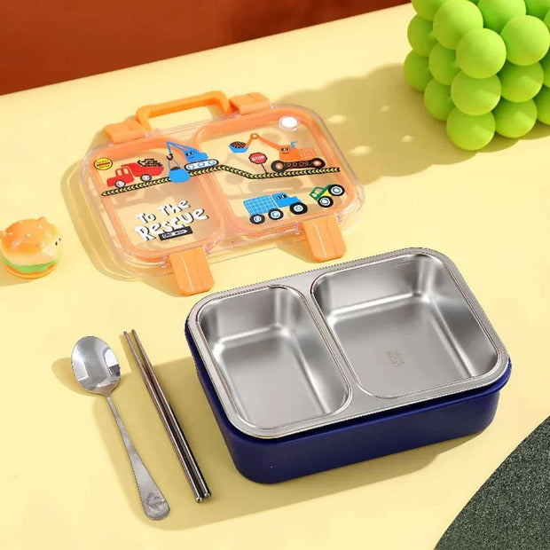Children's lunch set with bento box, container, spoon, and chopsticks on a yellow surface.