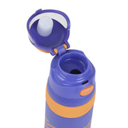 Purple and orange water bottle with open lid on a white background