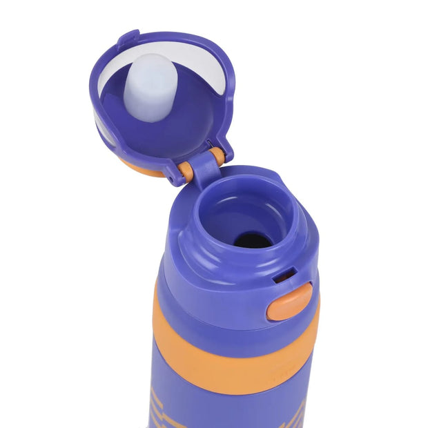 Purple and orange water bottle with open lid on a white background