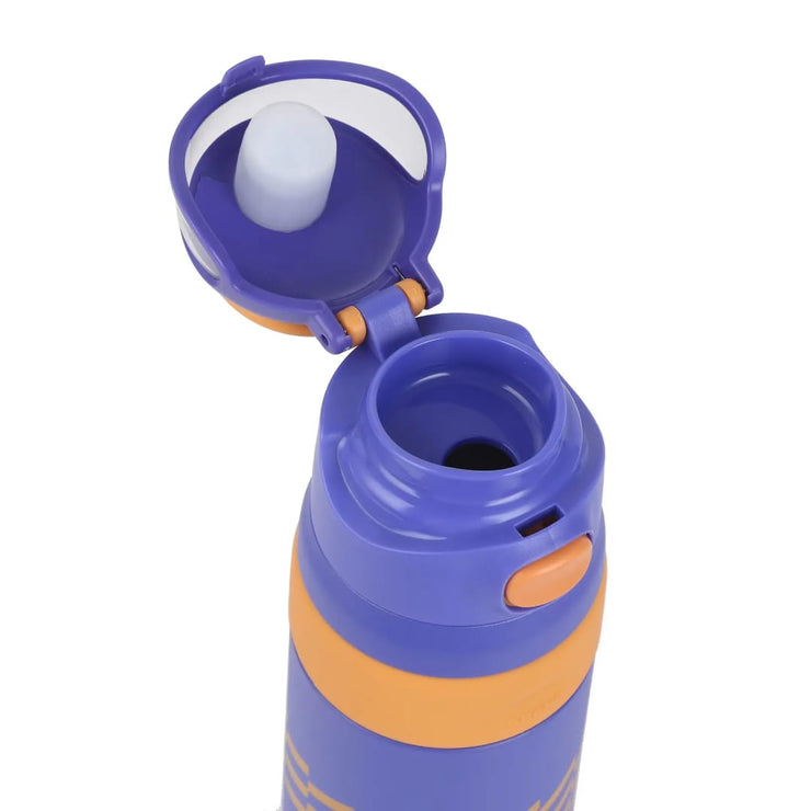 Purple and orange water bottle with open lid on a white background