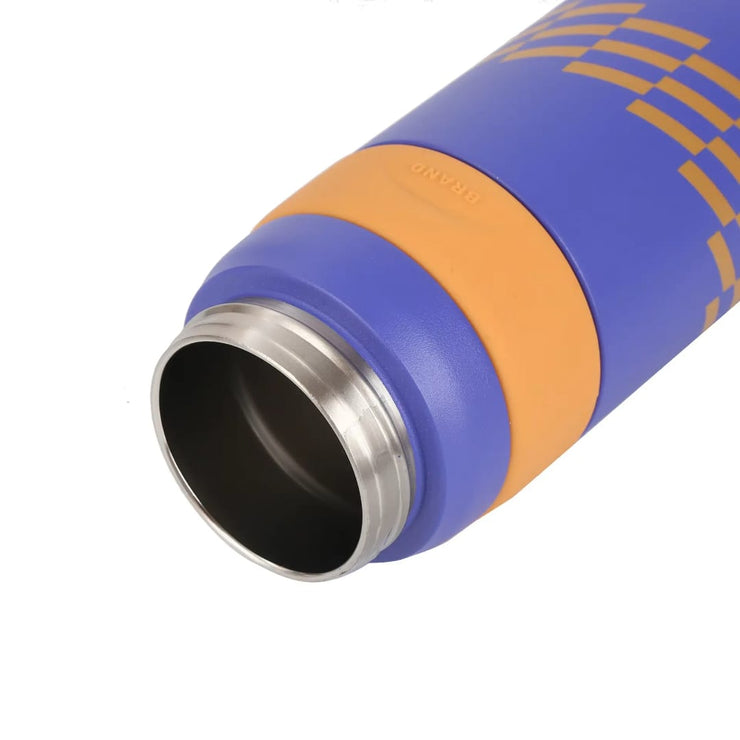 Close-up of a blue and orange thermos with a white background