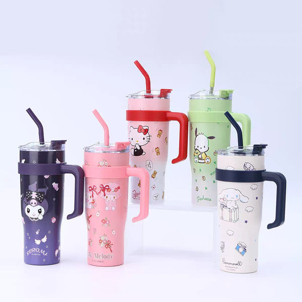 Set of colorful tumblers with handles and straws on a light gray background