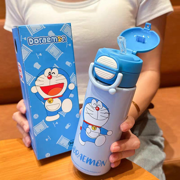 Official Doraemon 480ml Water Bottle - 316 Stainless Steel, Leakproof Lock & Carry Handle | Pink