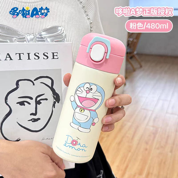 Official Doraemon 480ml Water Bottle - 316 Stainless Steel, Leakproof Lock & Carry Handle | Pink