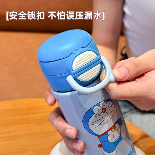 Official Doraemon 480ml Water Bottle - 316 Stainless Steel, Leakproof Lock & Carry Handle | Pink