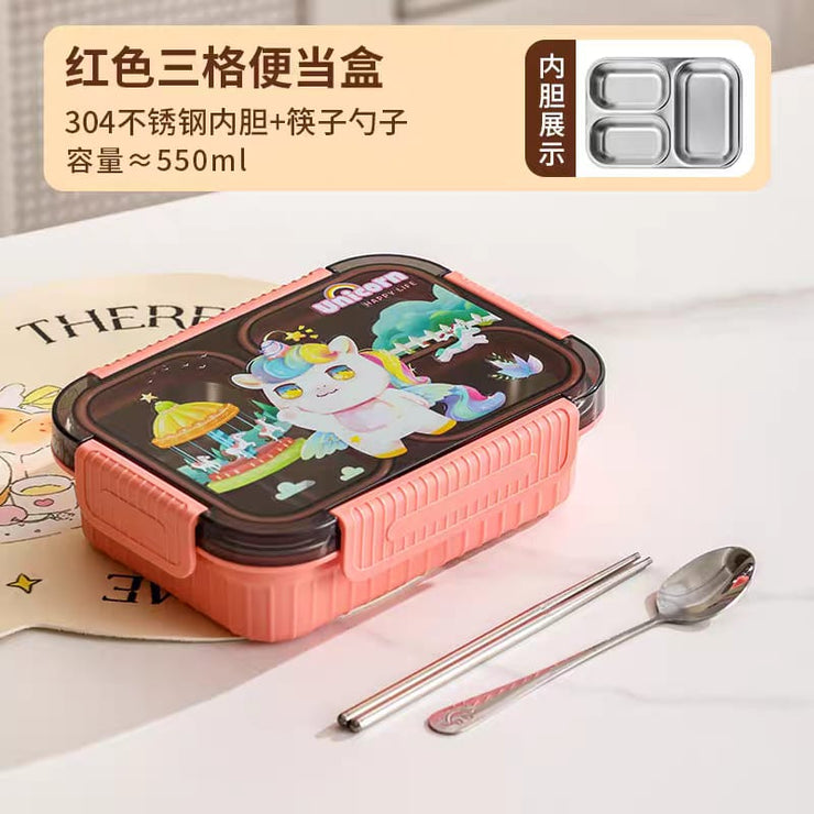 3-Compartment Stainless Steel Lunch Box - 550ml Leakproof & Insulated