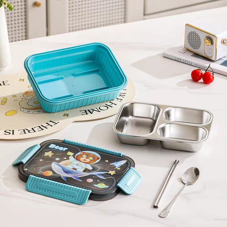 3-Compartment Stainless Steel Lunch Box - 550ml Leakproof & Insulated