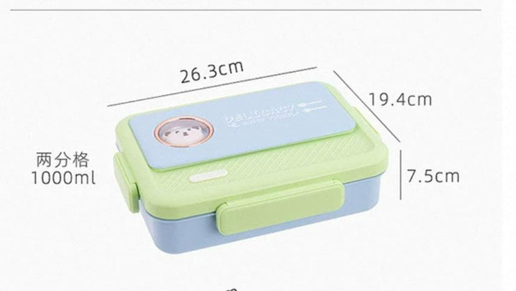Measurement chart of a green and blue container with dimensions on a white background