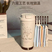 "Lovely & Flower" Ceramic Coffee Cup - 316 Stainless Steel Liner, Dual Lid (Sip/Straw) & Comfort Handle