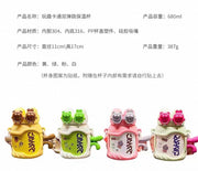 Four cartoon-style insulated cups with different colors and designs on a white background.