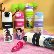 Colorful water bottles with various designs and characters on a pink surface.