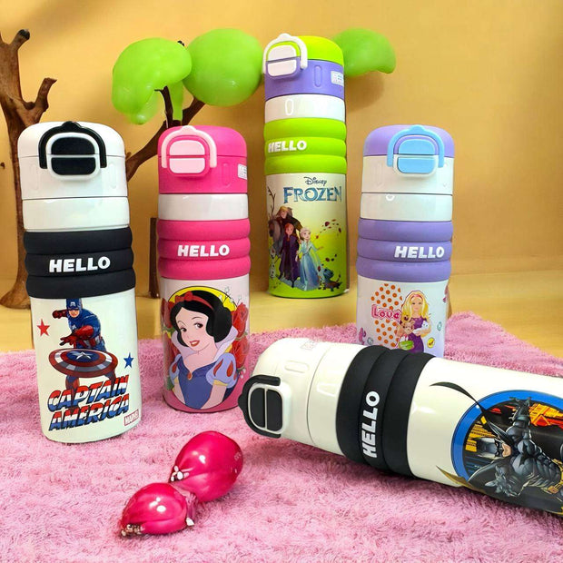 Colorful water bottles with various designs and characters on a pink surface.