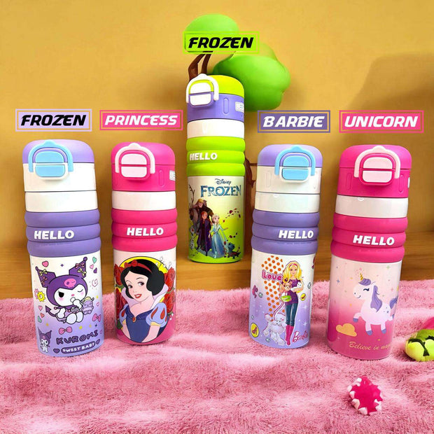 Set of colorful water bottles with character-themed designs on a pink blanket.